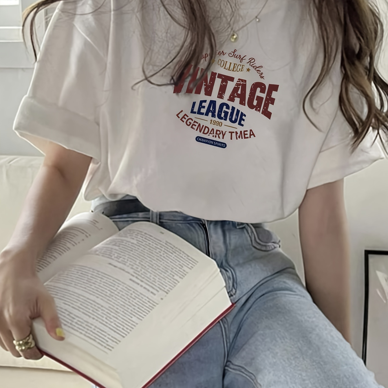 

T-shirt Ample À Imprimé De Lettres, Haut Décontracté En Coton À Manches Courtes Et Col Rond, Vêtement Pour Femmes