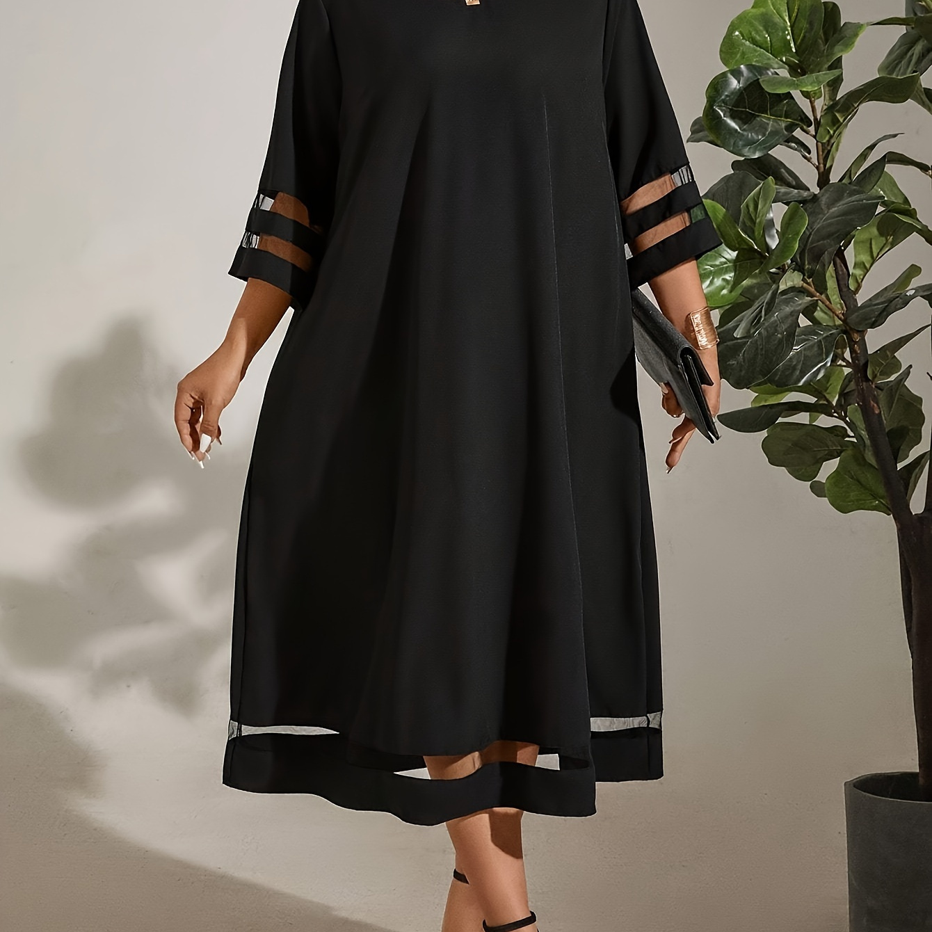 

Plus Size Solid Contrast Mesh Dress, Elegant Crew Neck 3/4 Sleeve Loose Dress For Spring & Summer, Women's Plus Size Clothing