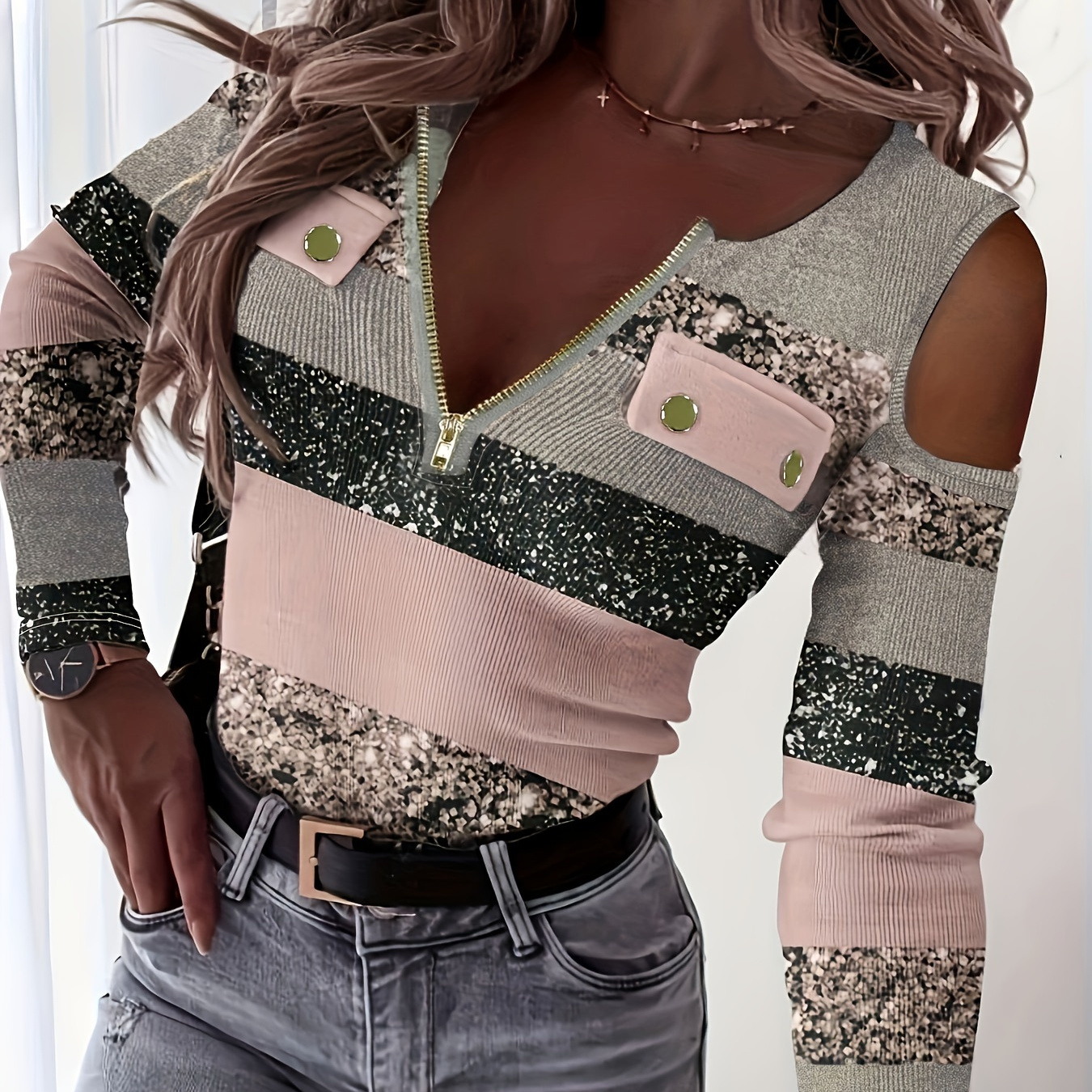 

Zipper Color Block T-shirt, Casual Cold Shoulder Long Sleeve T-shirt, Women's Clothing