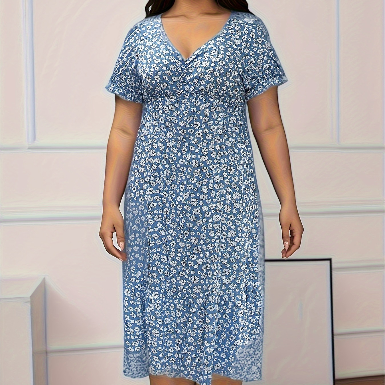 

Plus Size Floral Print Ruched Dress, Vacation Style Ruffle Hem Puff Sleeve Sweetheart Neck Midi Dress For Spring & Summer, Women's Plus Size Clothing