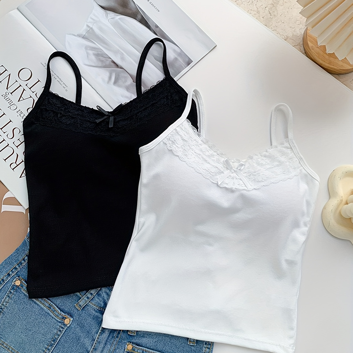 

2 Pcs 's Bow Decor Cami Top, & Underwear For 11-12 Years, All Wearing