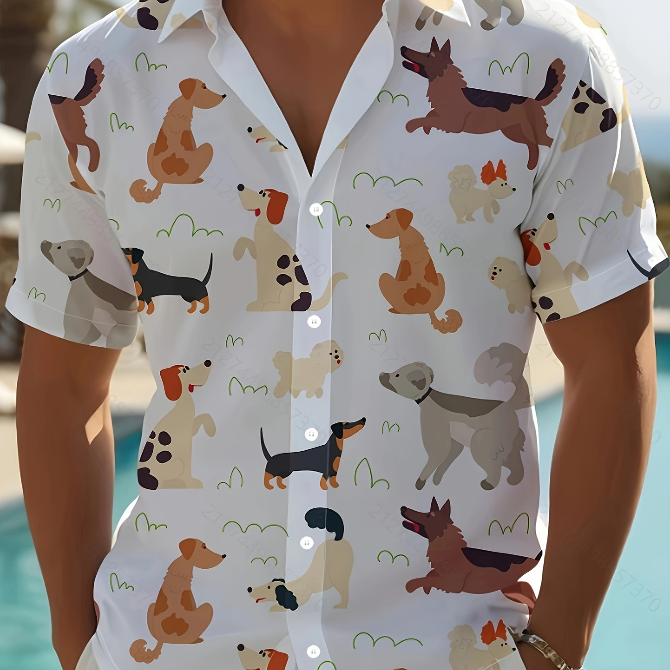 

Men's Cartoon Dogs Pattern Allover Print Short Sleeve Lapel Shirt Top, Casual Button Up Shirt For Summer Daily Wear And Vacation Resorts