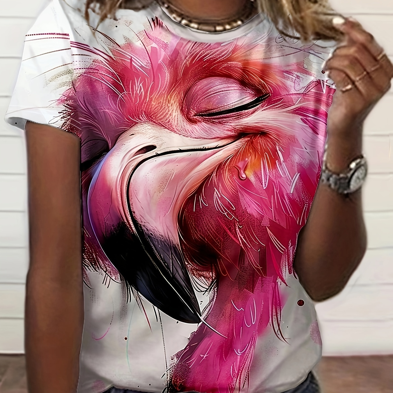 

Women's Casual Short Sleeve T-shirt With 3d Flamingo Print, Round Neck Loose Fit Tee For Summer