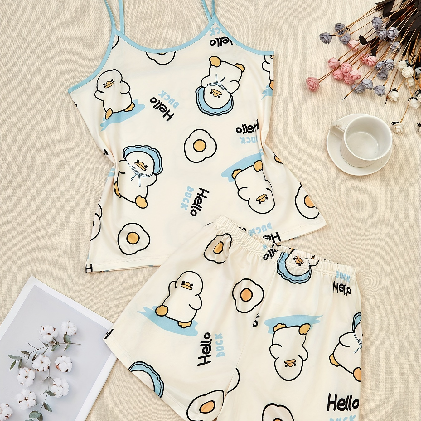 

Cute Duck & Slogan Print Pajama Set, Round Neck Backless Cami Top & Elastic Shorts, Women's Sleepwear