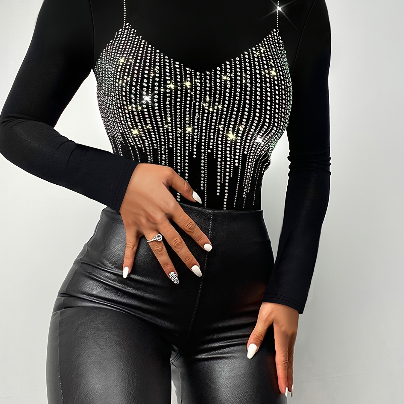 

Elegant High Neck Long Sleeve Top With Rhinestone Embellishment, Polyester Knit Fabric, Solid Color, Regular Length, Fall/winter Season, 200g/m² Fabric Weight