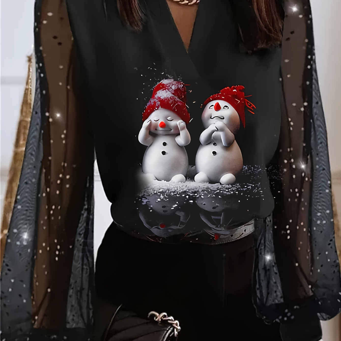 

Snowman Print Notched Neck T-shirt, Casual Mesh Long Sleeve Top For Spring & Fall, Women's Clothing