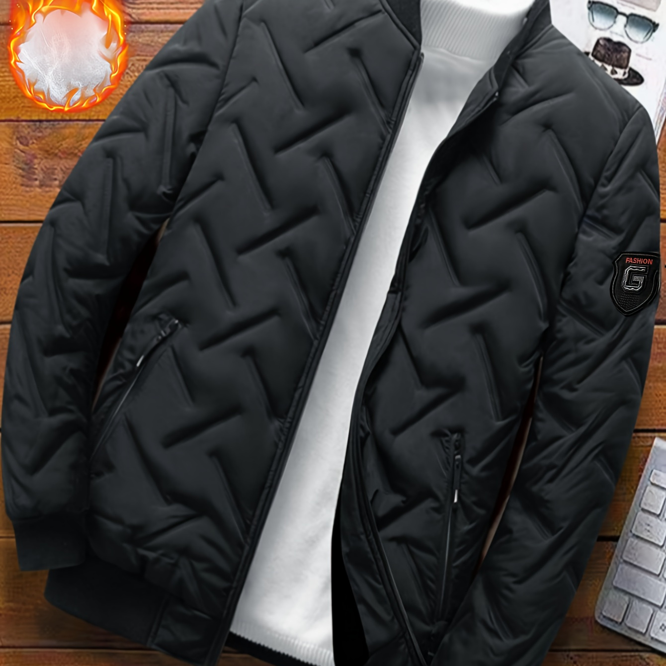 

Men's Warm Thickened Cotton Jacket With Fleece , , Polyester, Striped Pattern, Regular Fit, Zippered Front, Baseball Collar, Men' Outerwear For Fall/winter