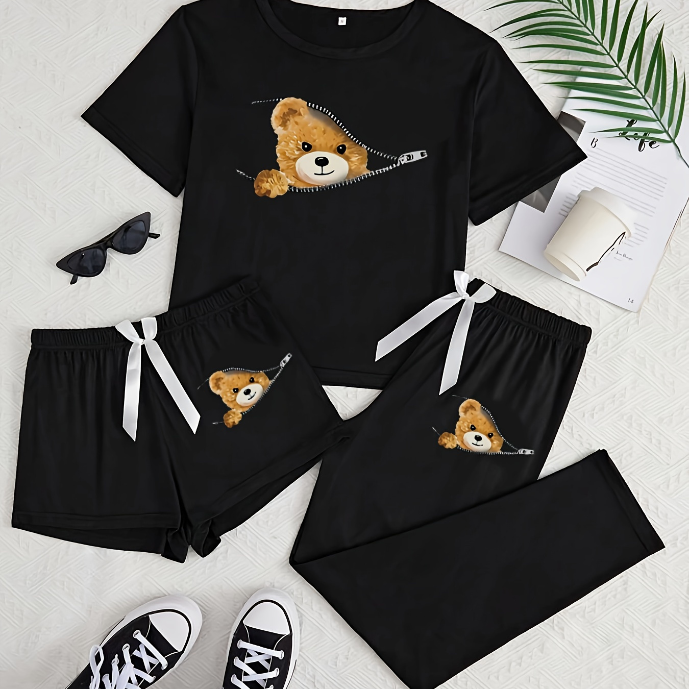 

3pcs Women's Pajama Set, Cartoon , Casual Crew Neck Sleepwear With Bow Detail, Polyester Knit Fabric,