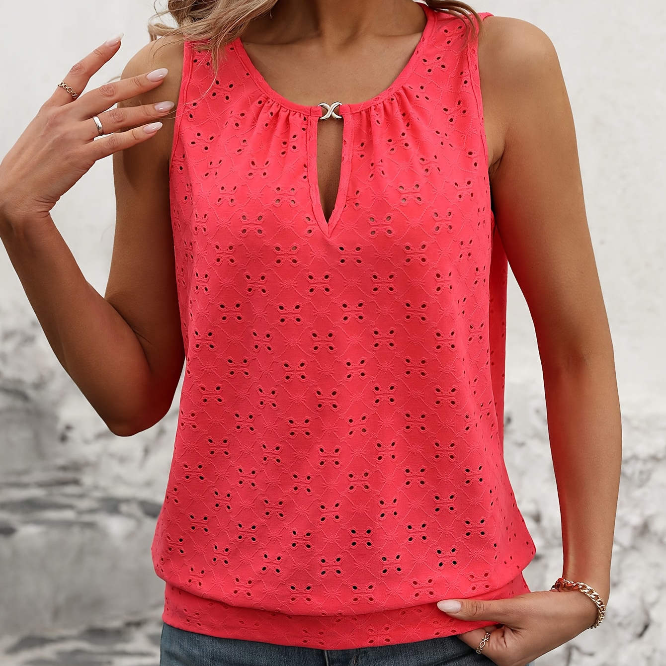 

Eyelet Embroidered Keyhole Neck Tank Top, Elegant Sleeveless Top For Spring & Summer, Women's Clothing