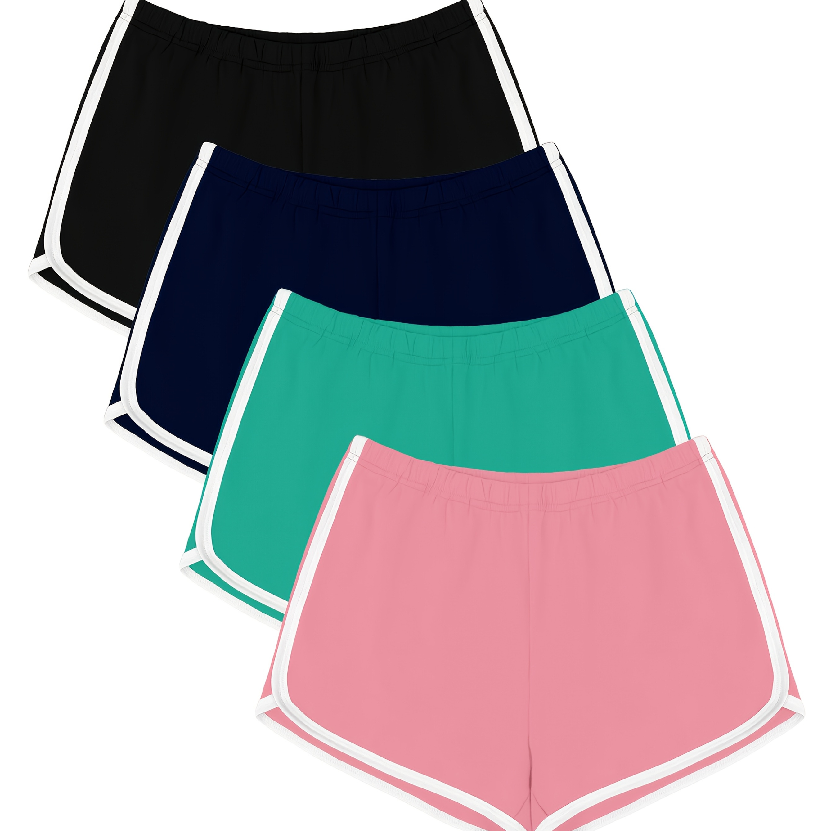 

4pcs Women's Athletic Casual Shorts - Comfortable & Stretchy Running, Yoga, Beach & Wear In Black, Navy, Teal, Pink With White Waistband