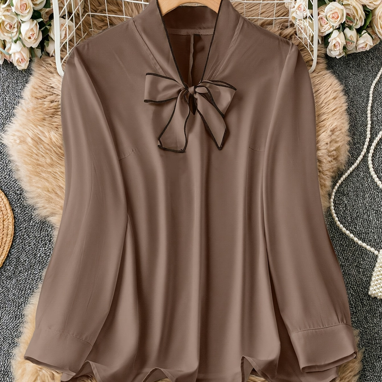 

Plus Size Elegant High Neck Blouse With Contrast Binding Detail - 95% Polyester, 5% Spandex, Solid Color, Non-stretch Woven Fabric, Suitable For All Seasons