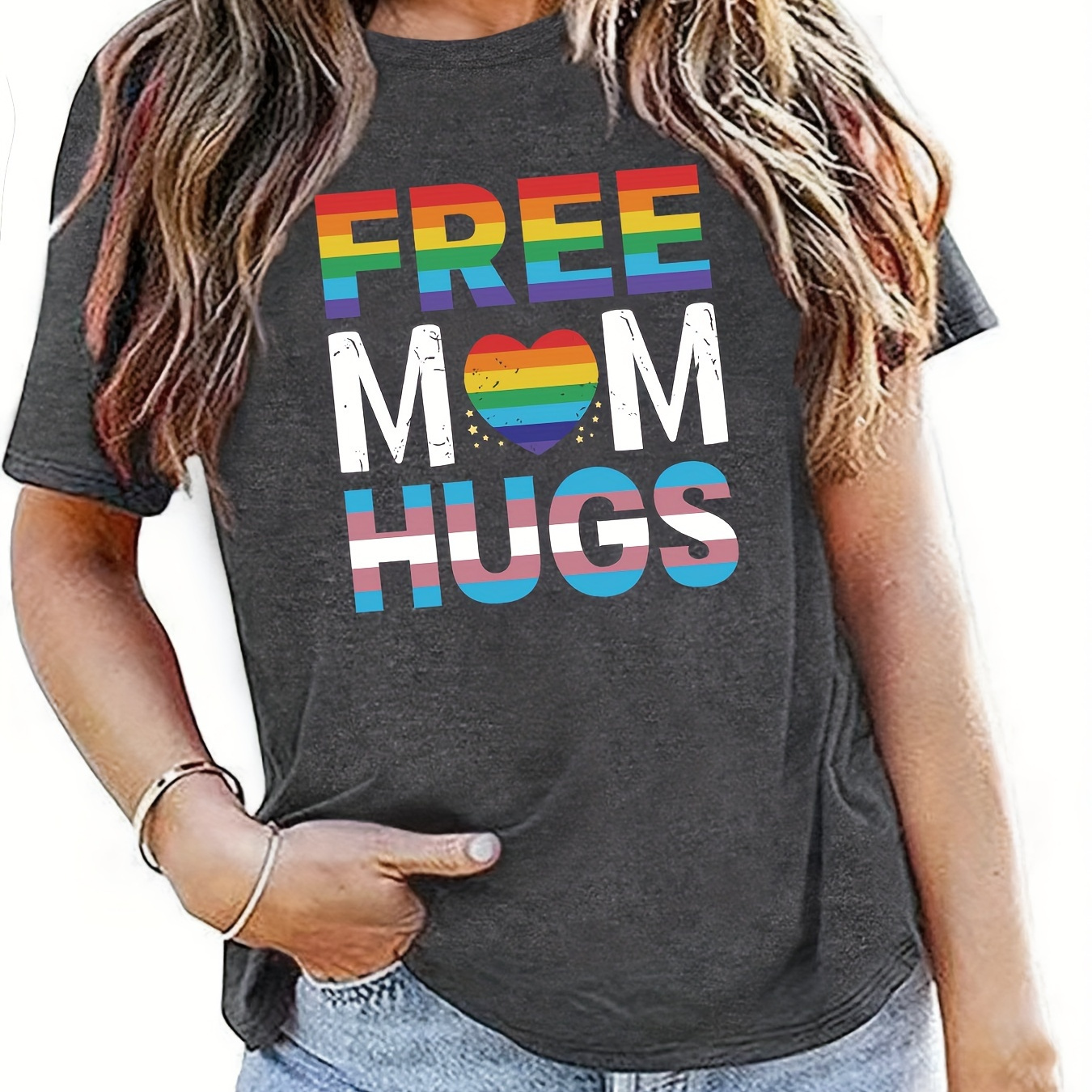 

Rainbow Free Hugs Print Crew Neck T-shirt, Short Sleeve Casual Top For Summer & Spring, Women's Clothing