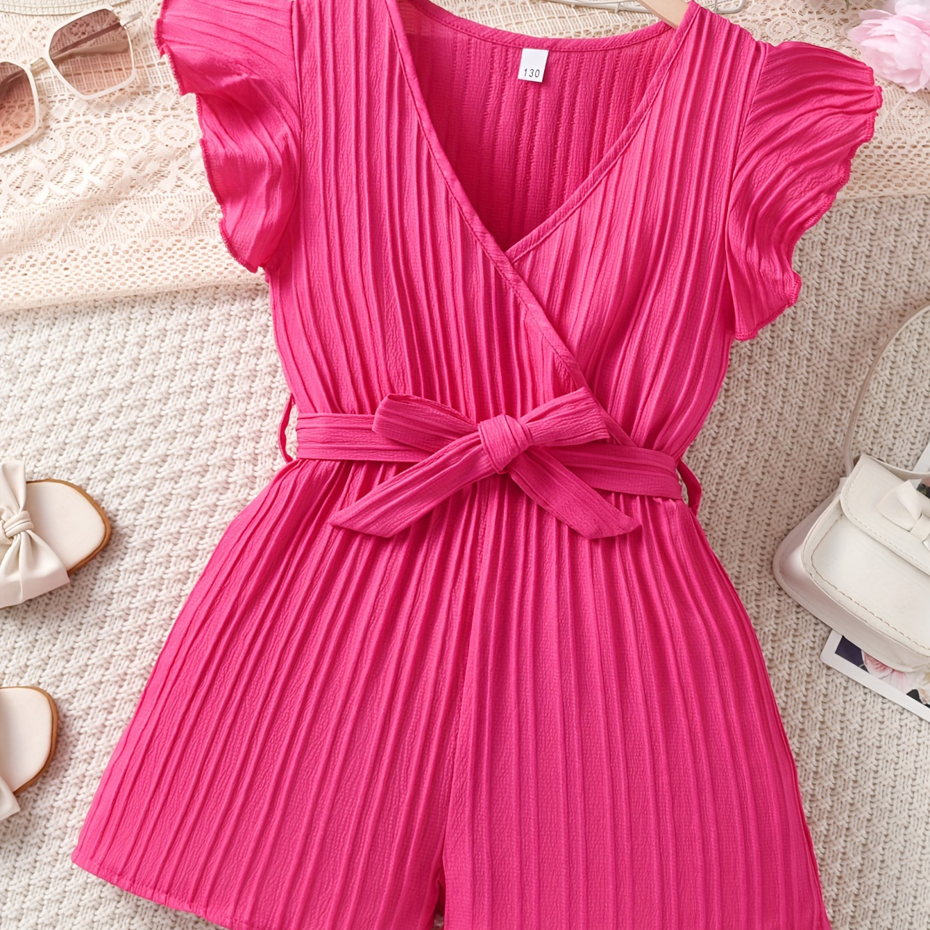

Girls Stylish & Casual Solid Colored Flutter Sleeve Solid Colored Surpliced Neckline Belted Romper For Spring & Summer
