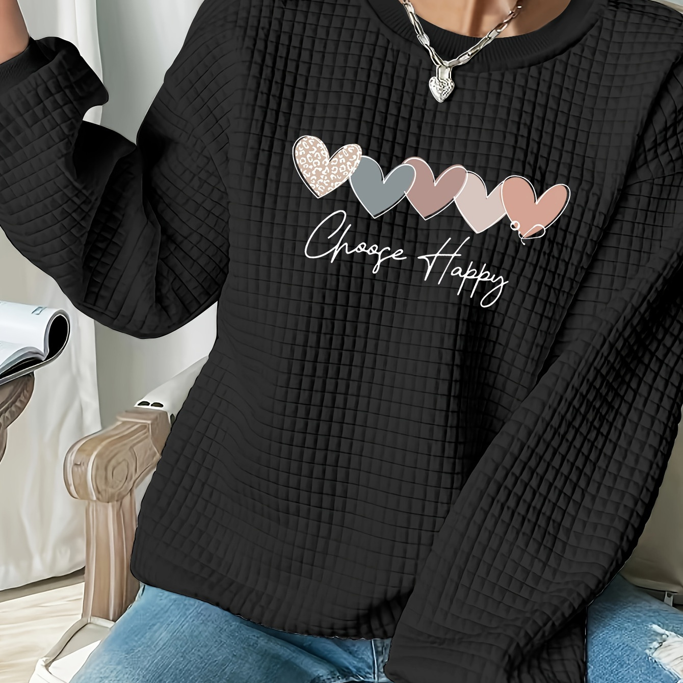 

Women's Casual Waffle-knit Sweatshirt Print - Cozy Long Sleeve Crew Neck Pullover, Fall & Winter