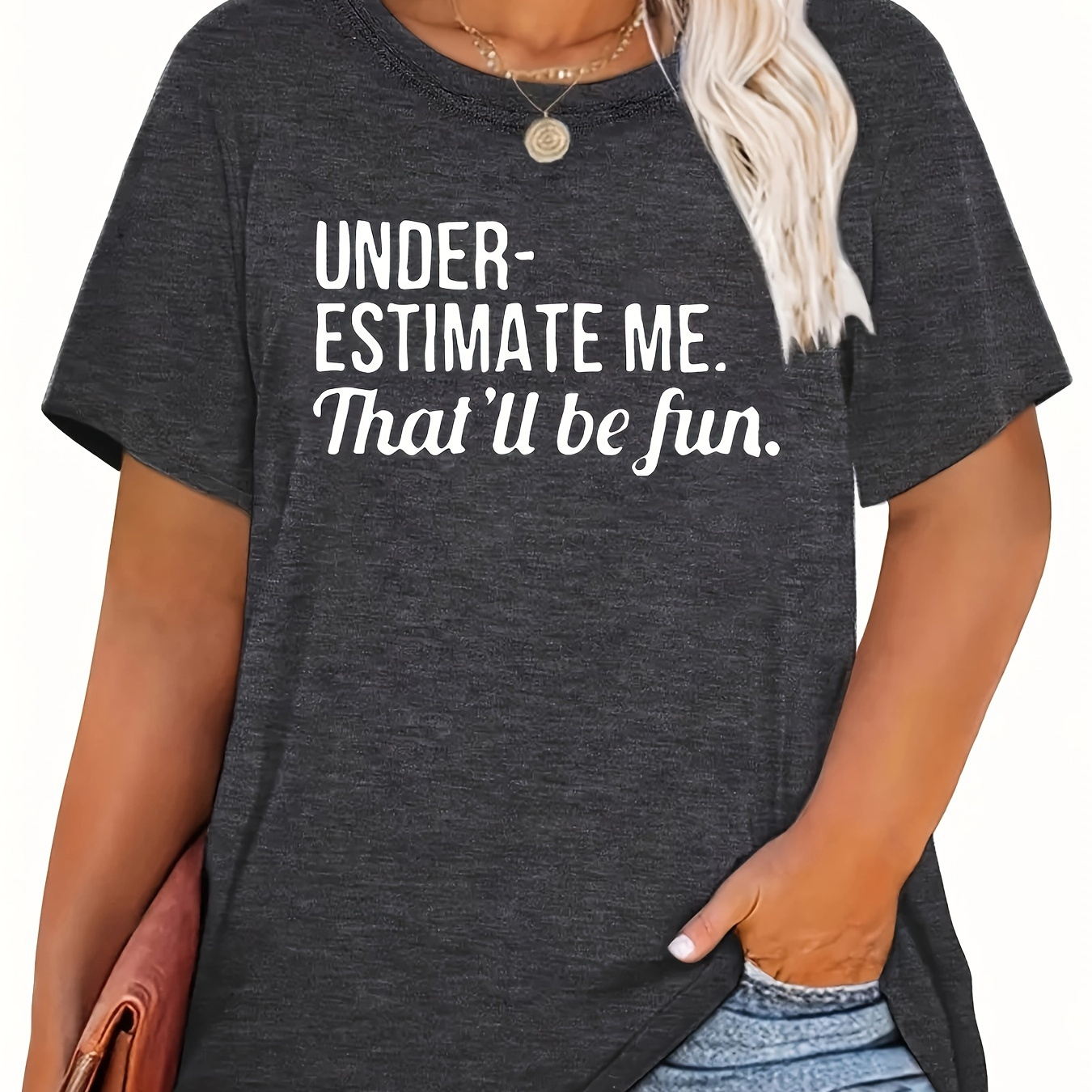 

Plus Size Casual Crew Neck T-shirt With '. That'll Be Fun.' Print - Cotton Blend Knit Fabric, Polyester60%, Cotton35%, Spandex5%, Slight Stretch, Alphabet Pattern, For All Seasons