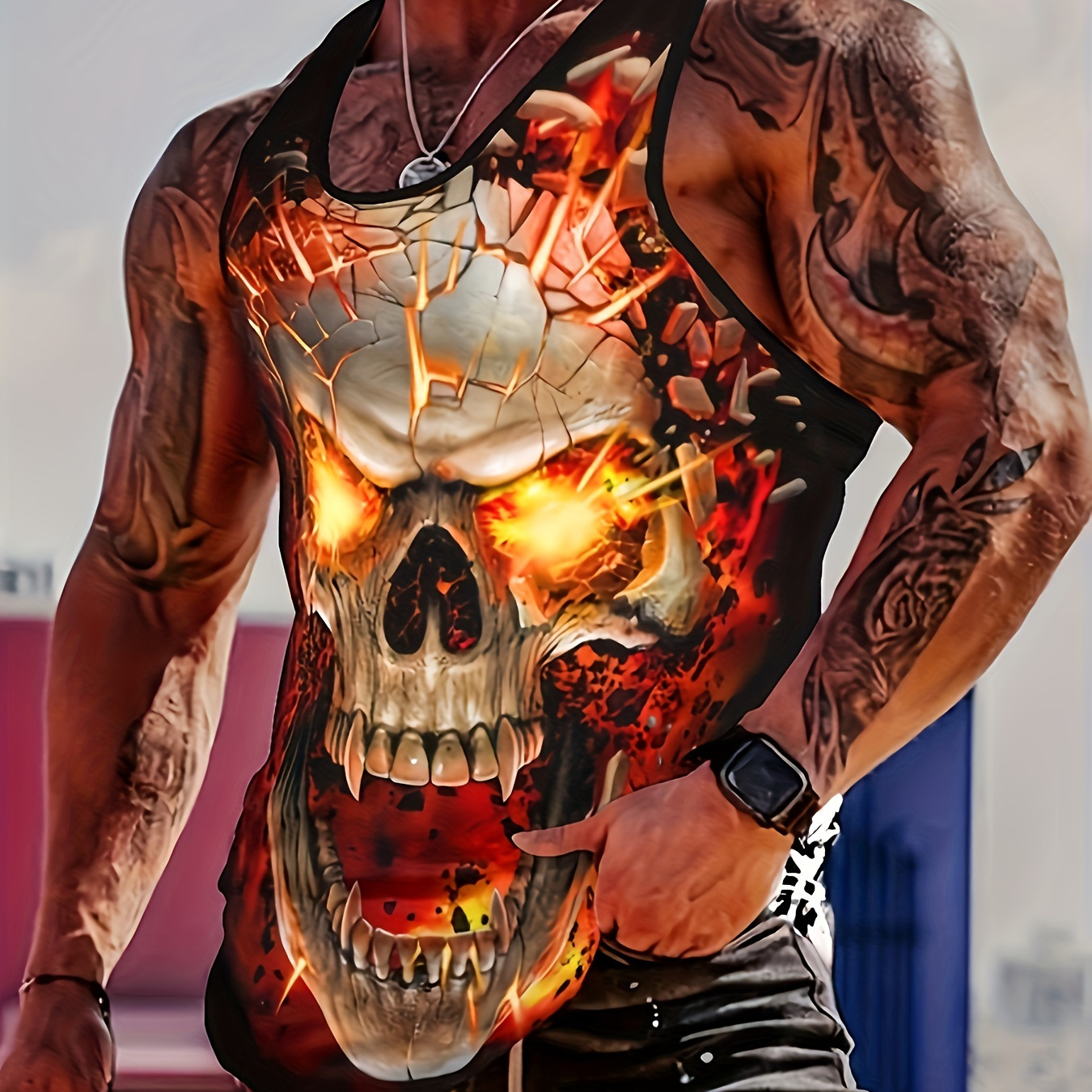 

Novelty Skull Print Tank Top, Men's Breathable Crew Neck Sleeveless Shirt, Men's Clothing For Summer Casual Wear