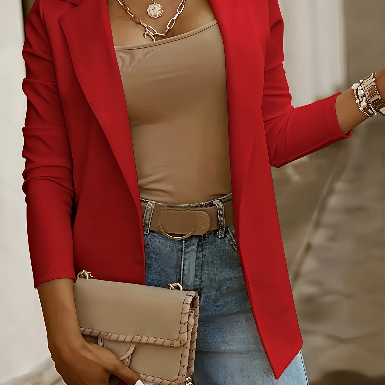 

Size Women's Blazer - Solid Color, Long Sleeve, Open Front With Lapel Collar, Machine Washable