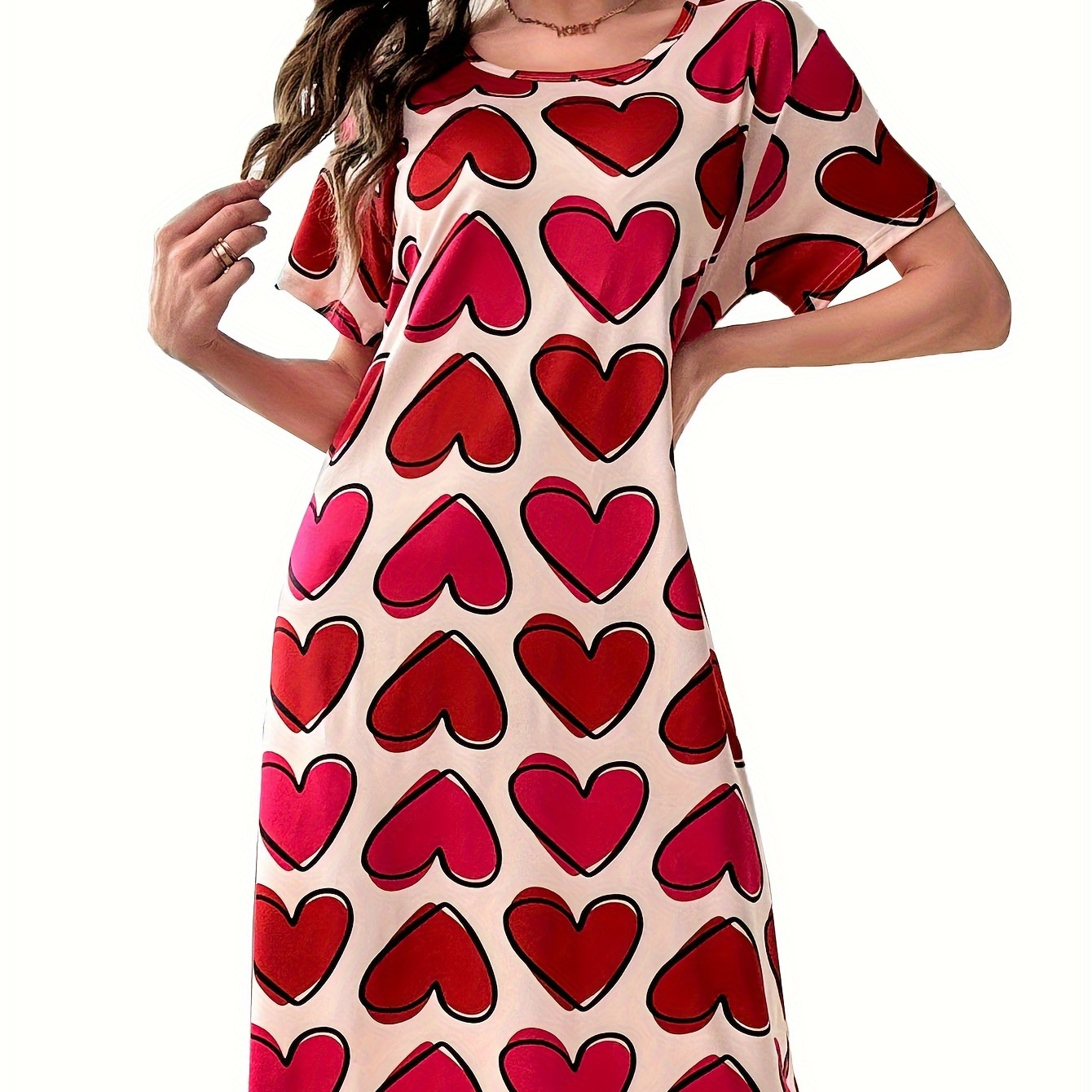 

Women's Allover Heart Print Casual Sleepwear Dress, Short Sleeve Round Neck Loose Fit Midi Dress, Comfortable Nightgown