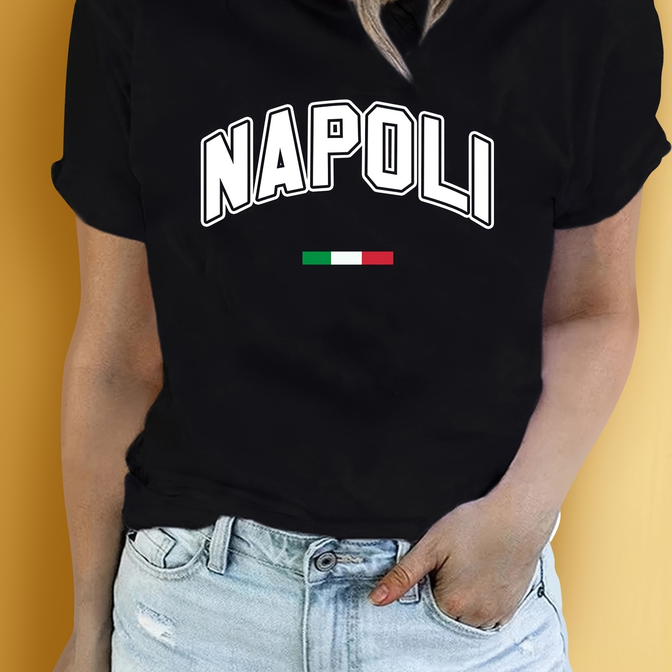 

Women's Napoli Print T-shirt, 100% Polyester Knit Fabric, Crew Neck Short Sleeve Casual Top, Regular Length Summer Tee For