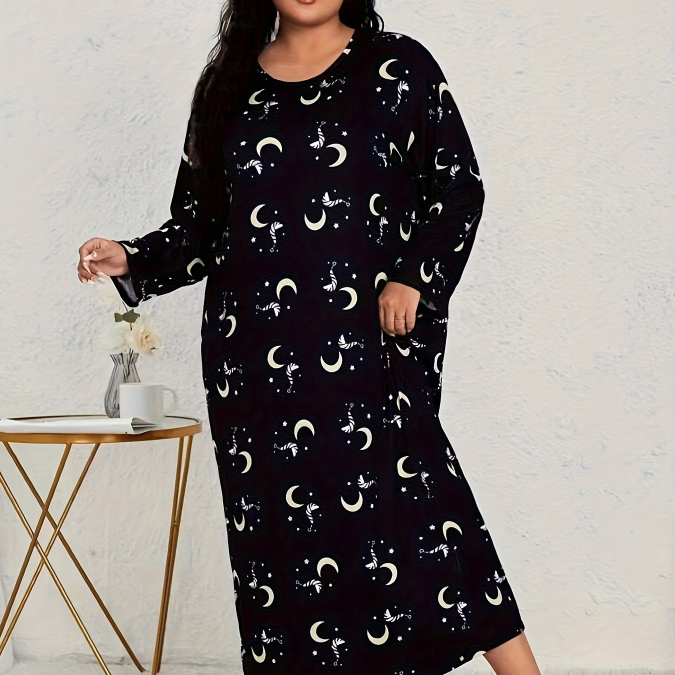 

Plus Size Long Sleeve Nightgown For Women, Crew Neck, Geometric Moon Pattern, Polyester And Spandex , Stretch, Knit Fabric, 170gsm, For Fall/winter Sleepshirt