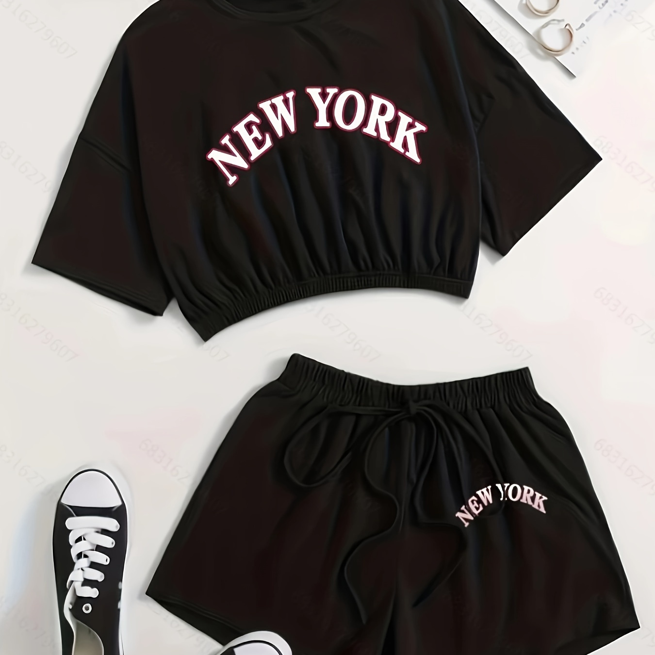 

Plus Size Sporty Loungewear Set, Women's Plus Letter Print Short Sleeve Round Neck Crop Top & Drawstring Shorts Home Wear 2 Piece Set