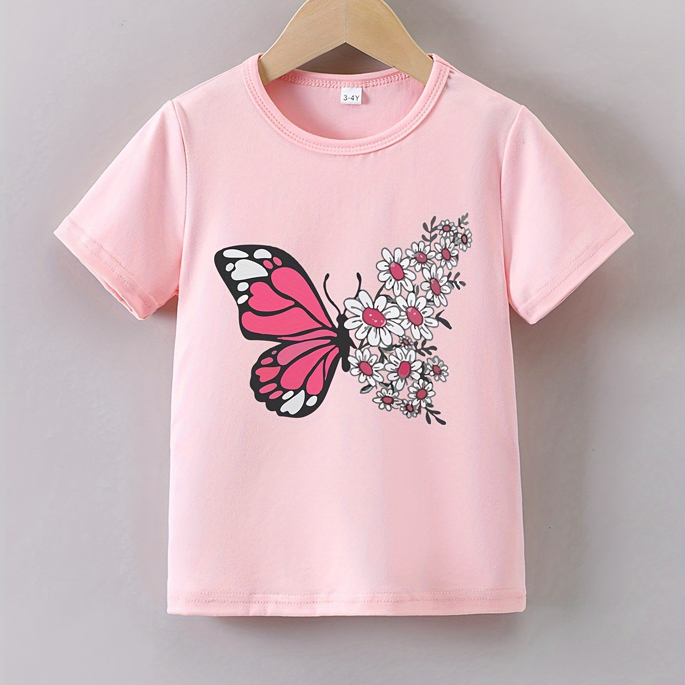 

Butterfly Wing With Flowers Graphic Print Tee, Girls' Casual & Comfy Short Sleeve Crew Neck T-shirt For Spring & Summer, Girls' Clothes