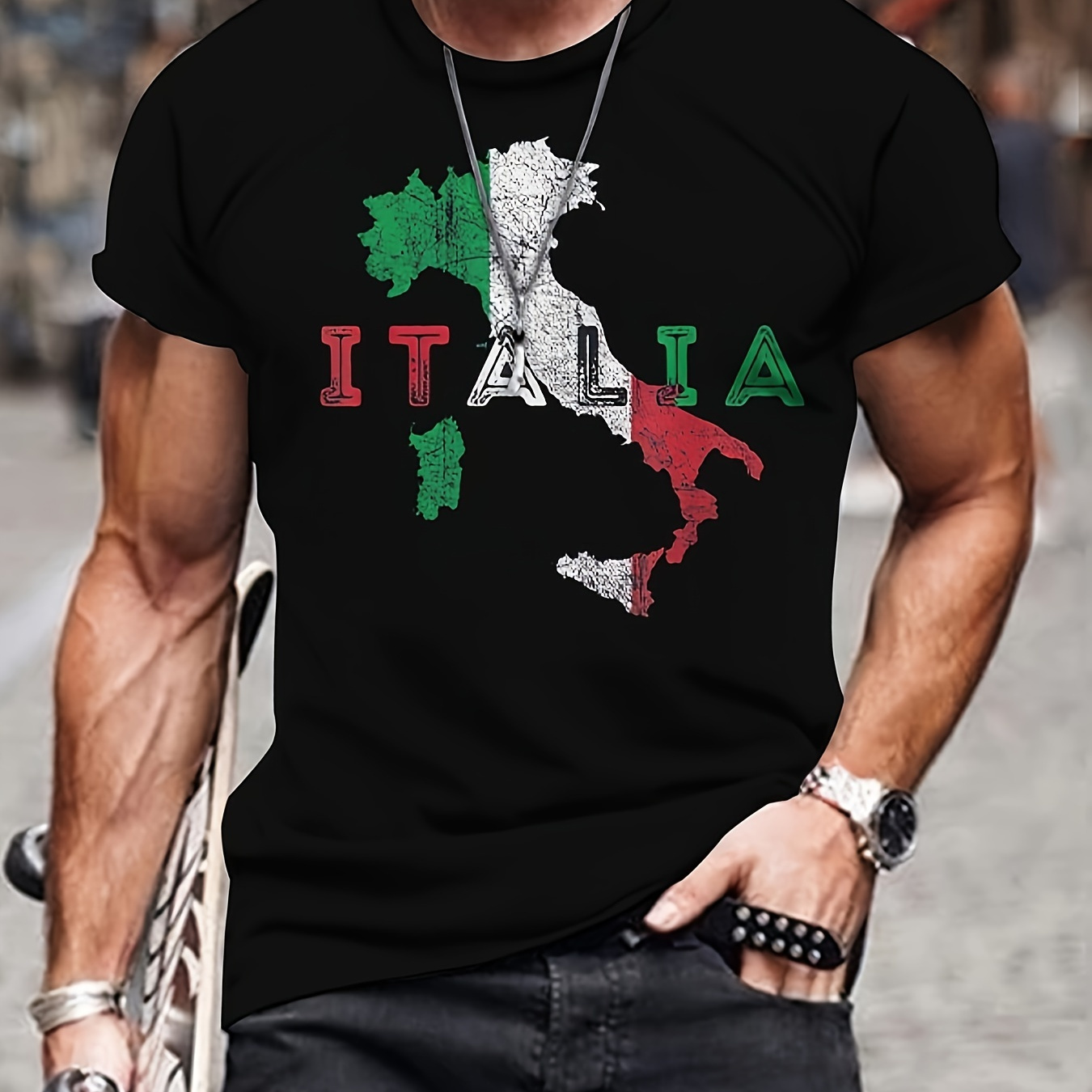 

Men's Italian Color Block And Map Pattern And Letter Print "italia" Crew Neck Short Sleeve T-shirt, Casual And Stylish Tops For Summer Outdoors And Holiday Wear