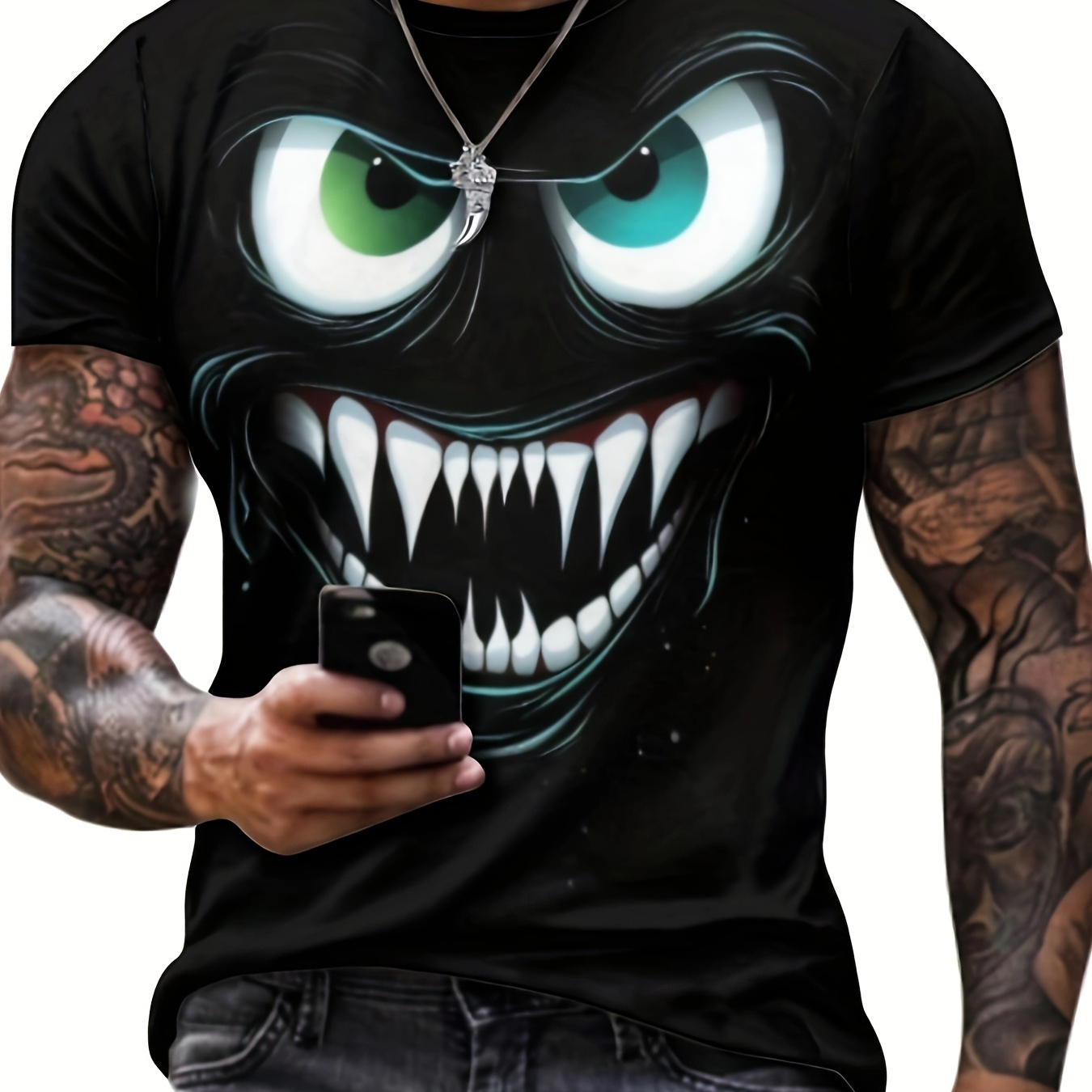 

Men's Novelty 3d Evil Smiling Face Print T-shirt, Casual Fashion Tee, Street Style Short Sleeve Crew Neck Shirt