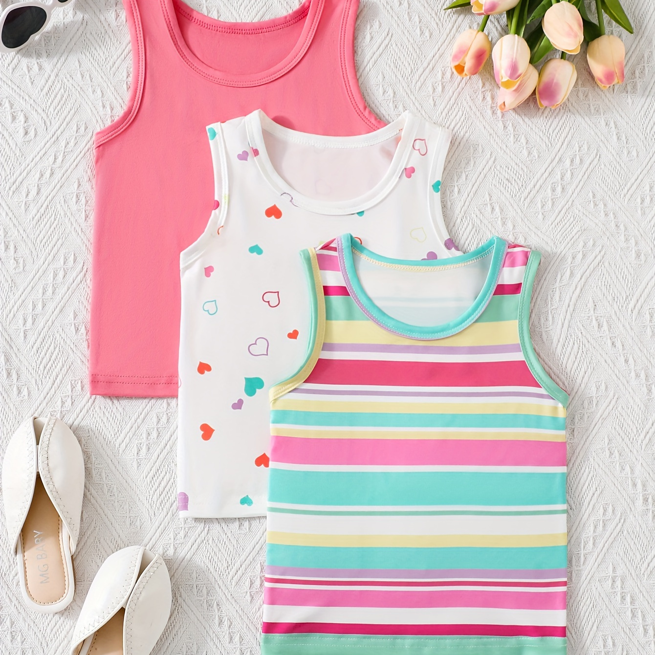 

3 Pack Girl's Solid & Colorful Heart & Striped Pattern Vest Set, Sleeveless Comfy Breathable Summer Top