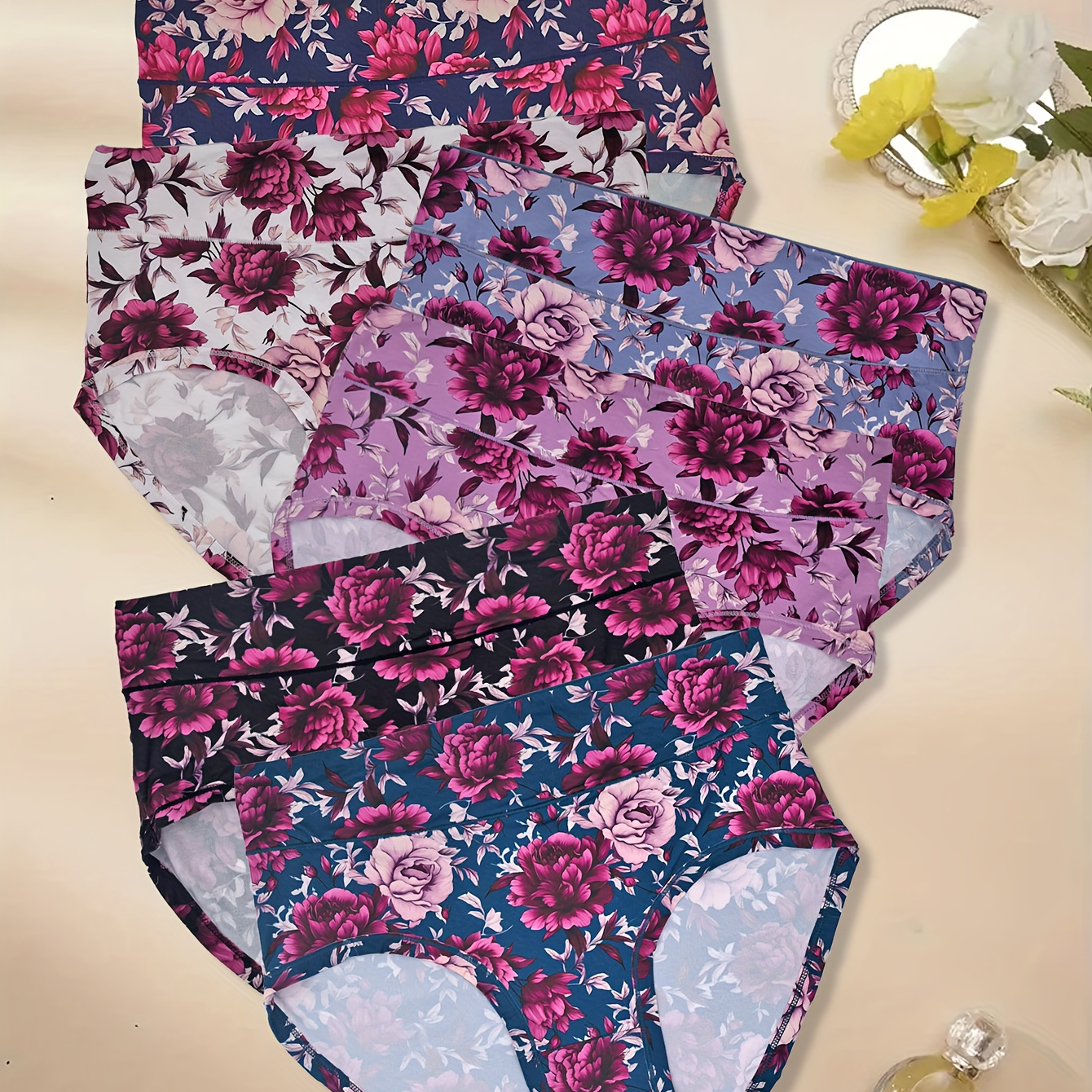 

6- Size Floral Print High-waisted Briefs For Women, Sexy Medium Stretch Polyester Knit Fabric Underwear With Lash Detail