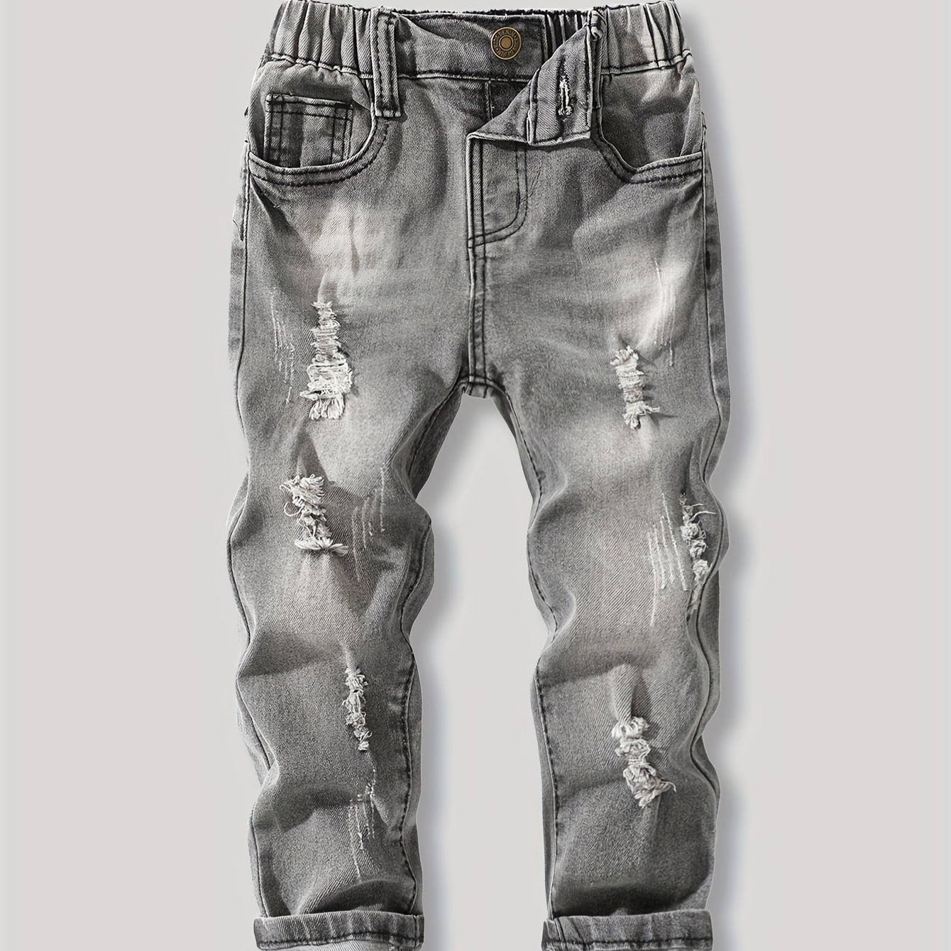 

Boys' Casual Grey Ripped Jeans, Elastic Waist Denim Pants With Distressed Details