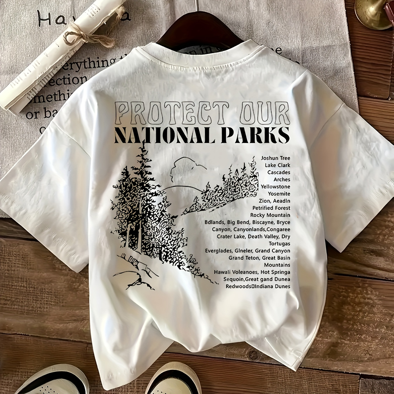 

National Parks Alphabet Print T-shirt For Women, Casual Comfort Crew Neck Short Sleeve Top, Polyester Blend (60% Polyester, 35% Rayon, 5% Spandex), Knit Fabric Pullover