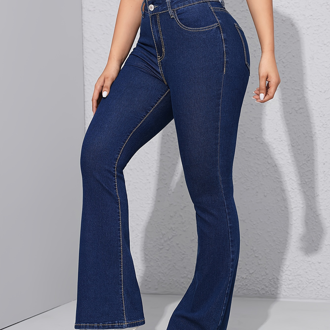 

Blue High Stretch Bootcut Jeans, Slim Fit Slant Pockets Versatile Denim Trousers, Women's Denim Jeans & Clothing
