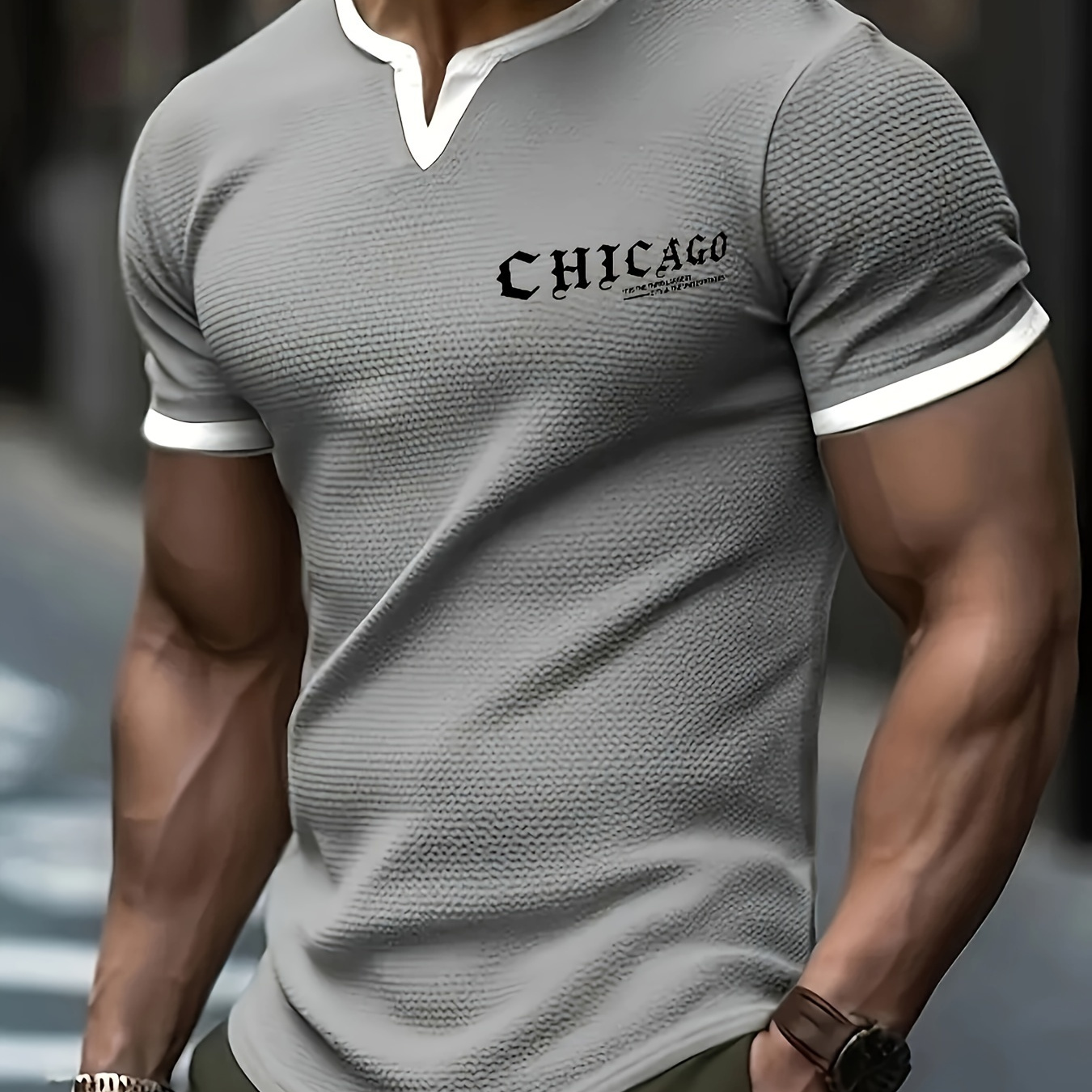 

' Chicago 'print Stylish Waffle T-shirt For Men, Casual Summer Top, Comfortable And Fashion Crew Neck Short Sleeve, Suitable For Daily Wear