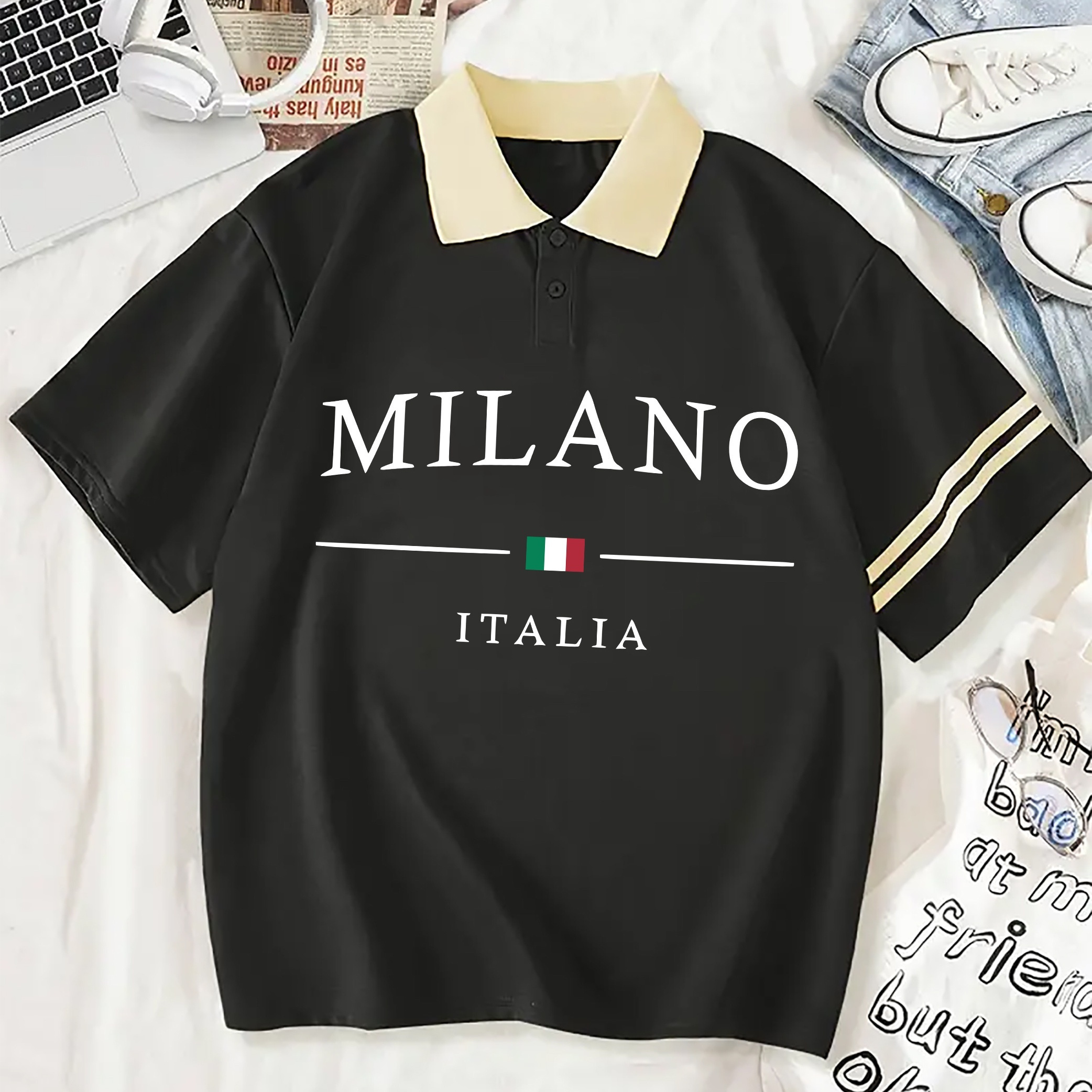 

Women's Italy Letter Print Polo Shirt, Short Sleeve Knit Fabric T-shirt With Button Collar, 100% Polyester Activewear For All