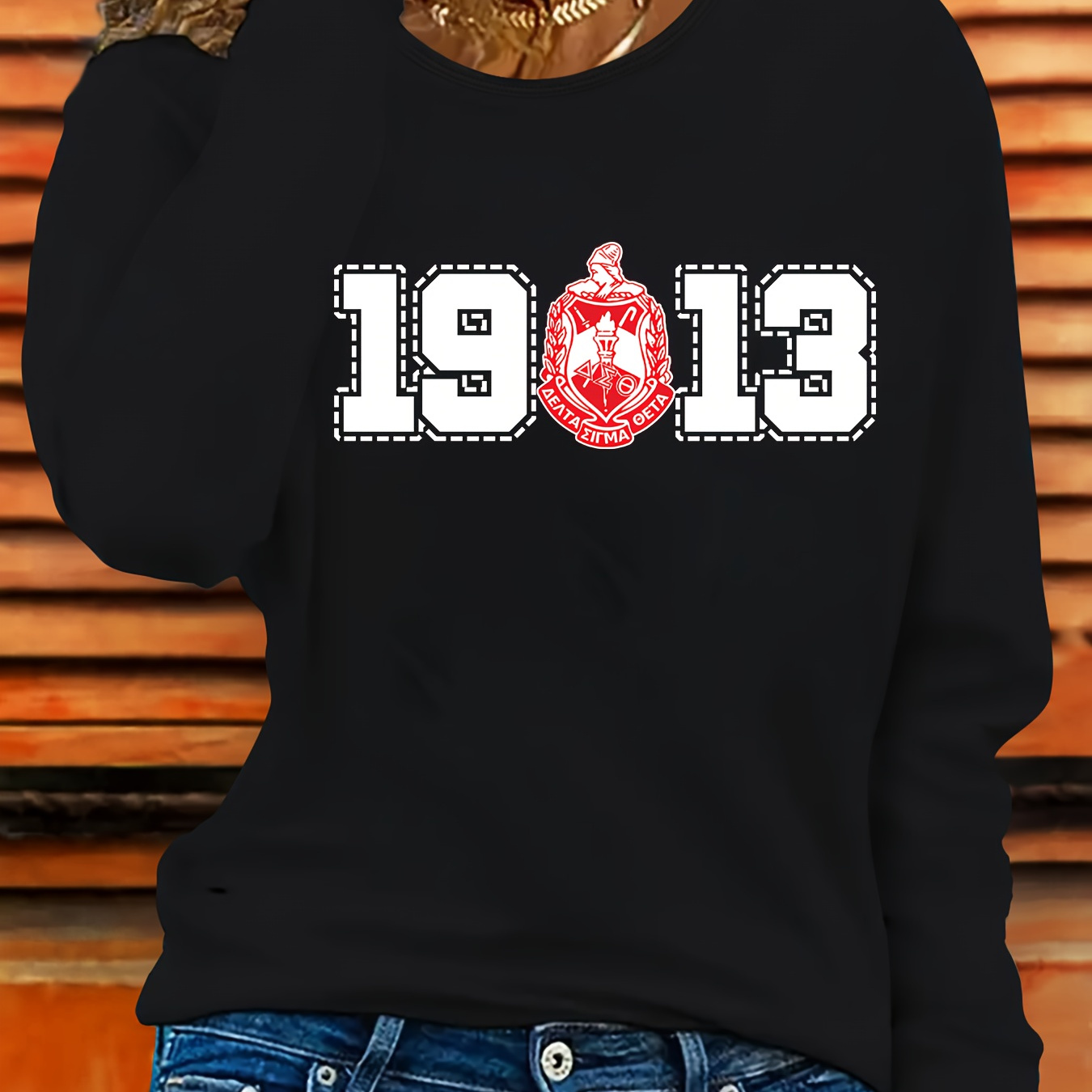 

Women's Casual Crew Neck Long Sleeve T-shirt, 1913 Emblem Print, Polyester Knit Fabric, Medium Stretch, 180g/m², Sporty Outdoor Top