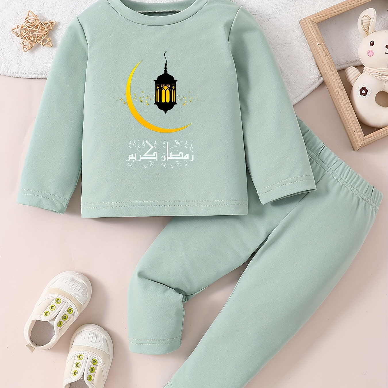 

2pcs Ramadan Festival Moon & Light Print Casual Outfit For Infants & Toddler Kids, Long Sleeve T-shirt & Pants Set, Baby Girl's Clothes, Ramadan