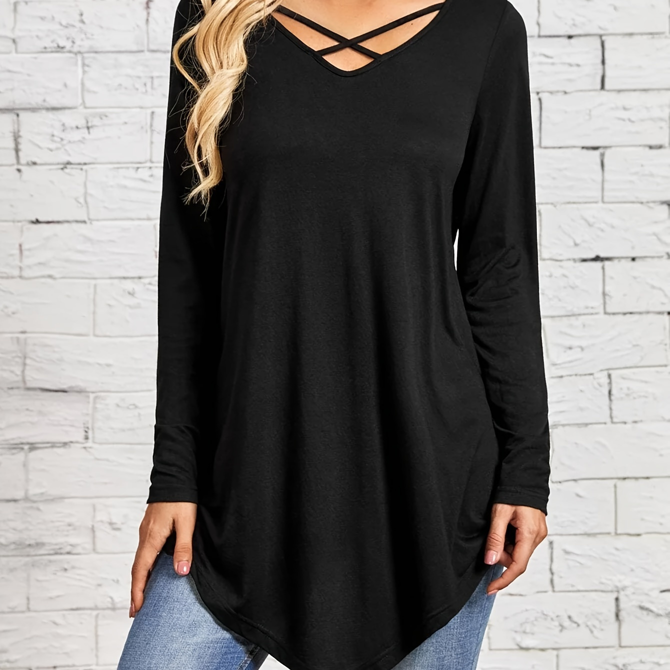 

Solid Crisscross V Crew Neck T-shirt, Casual Long Sleeve Hanky Hem T-shirt For Spring & Fall, Women's Clothing