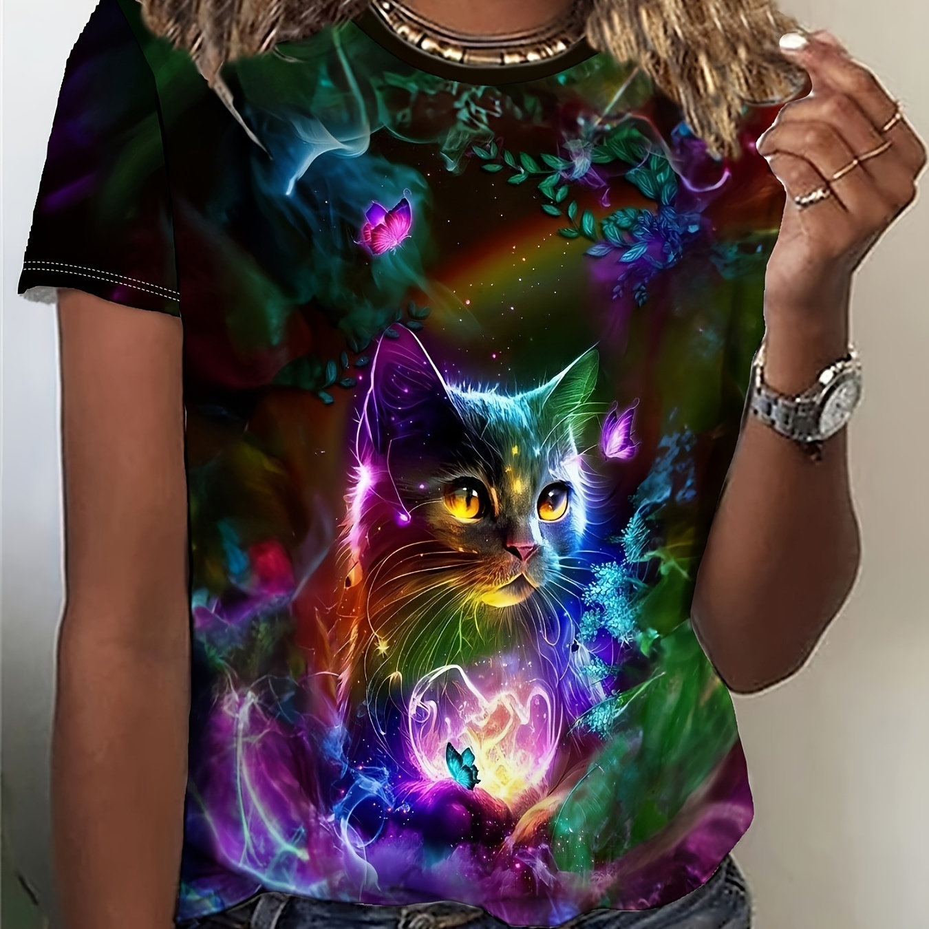 

Cute Cat Neck T-shirt, Casual Short Sleeve Top For , Women's Clothing