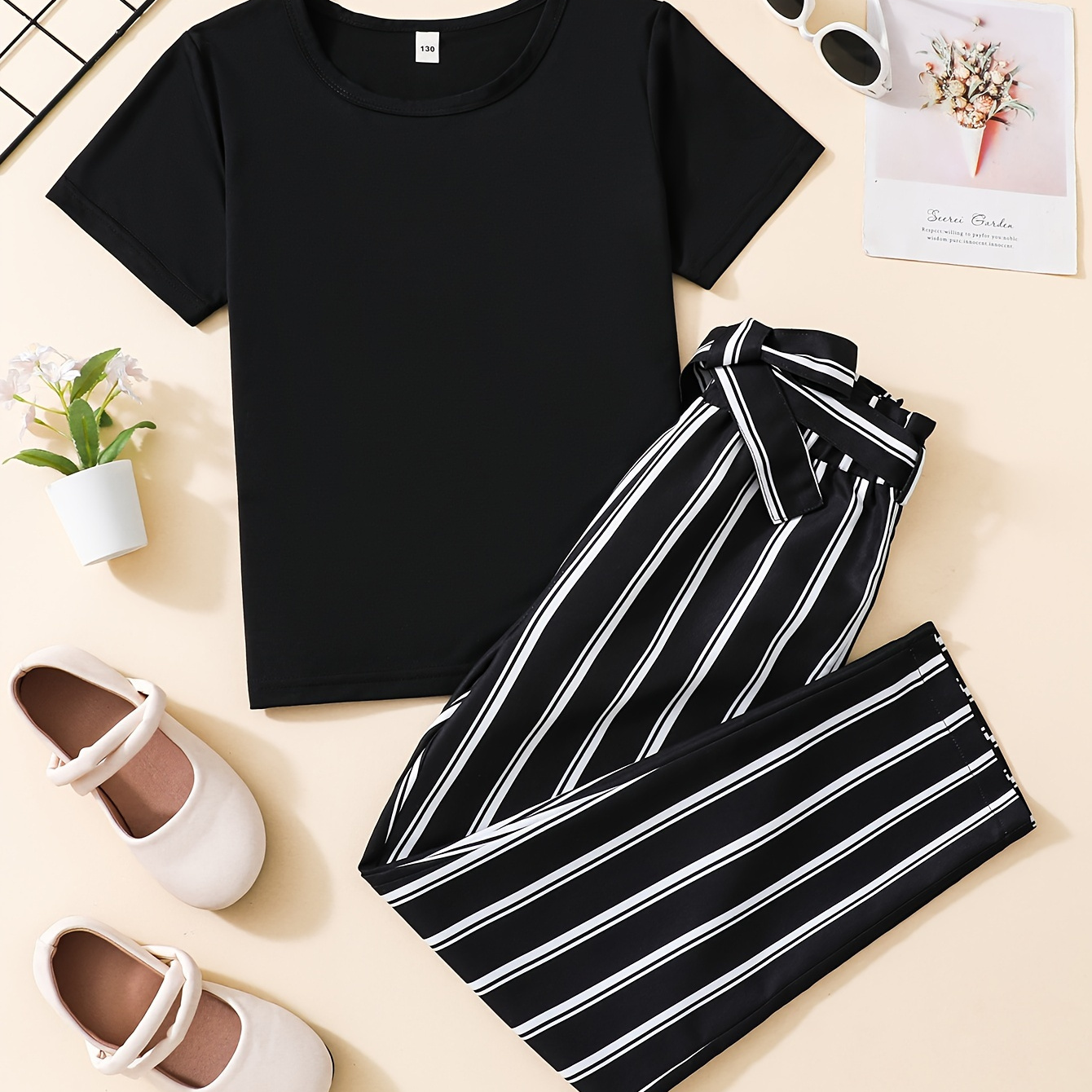 

Casual Style Girls 2pcs Solid Short Sleeve Top & High Waist Striped Pants, Summer Girls Set