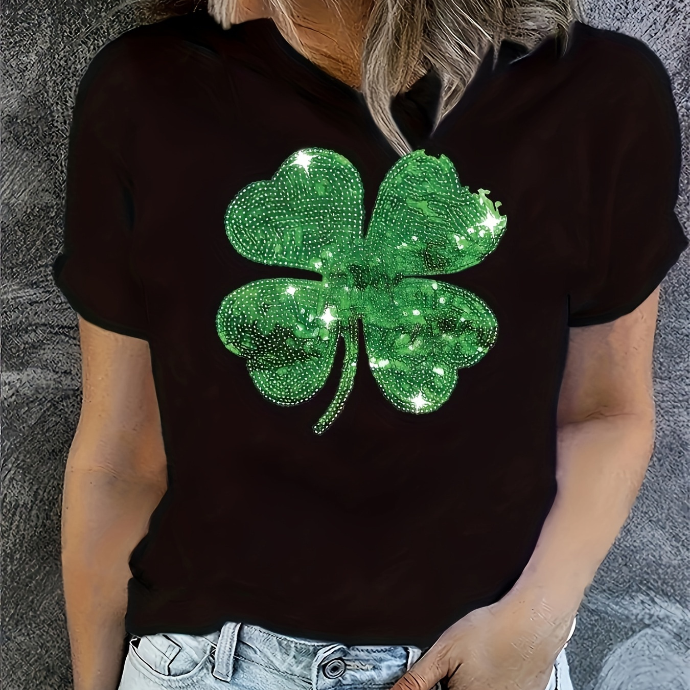 

Clover Print T-shirt, Short Sleeve Crew Neck Casual Top For Summer & Spring, Women's Clothing