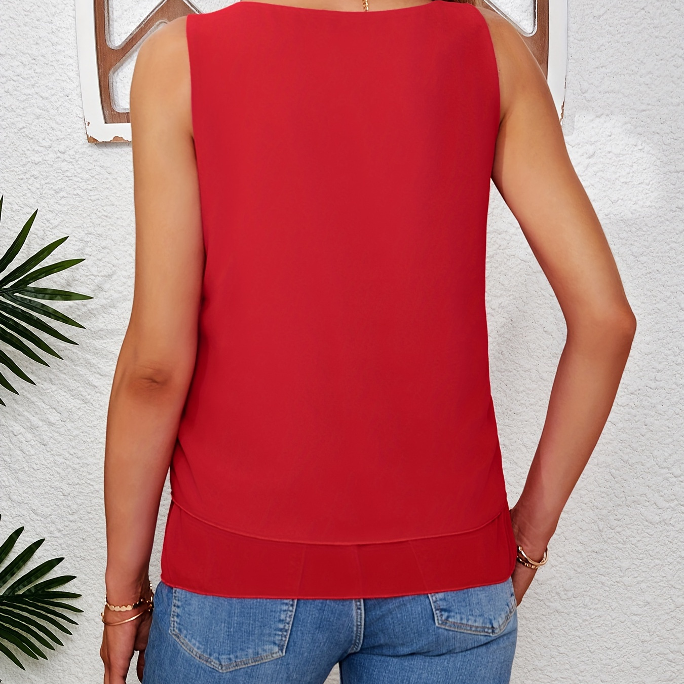 

Solid Color Layered Tank Top, Casual Crew Neck Sleeveless Summer Tank Top, Women's Clothing