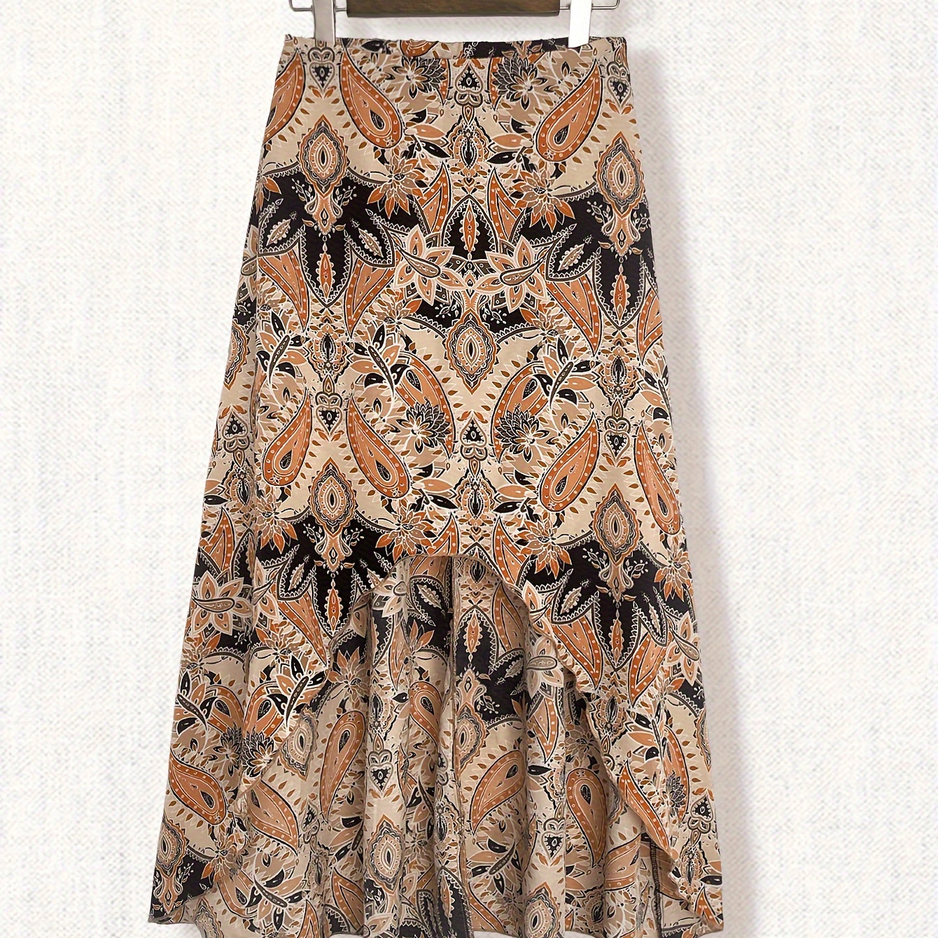 

Paisley Print Asymmetrical Hem Skirt, Vacation Style High Waist Skirt For Spring & Summer, Women's Clothing