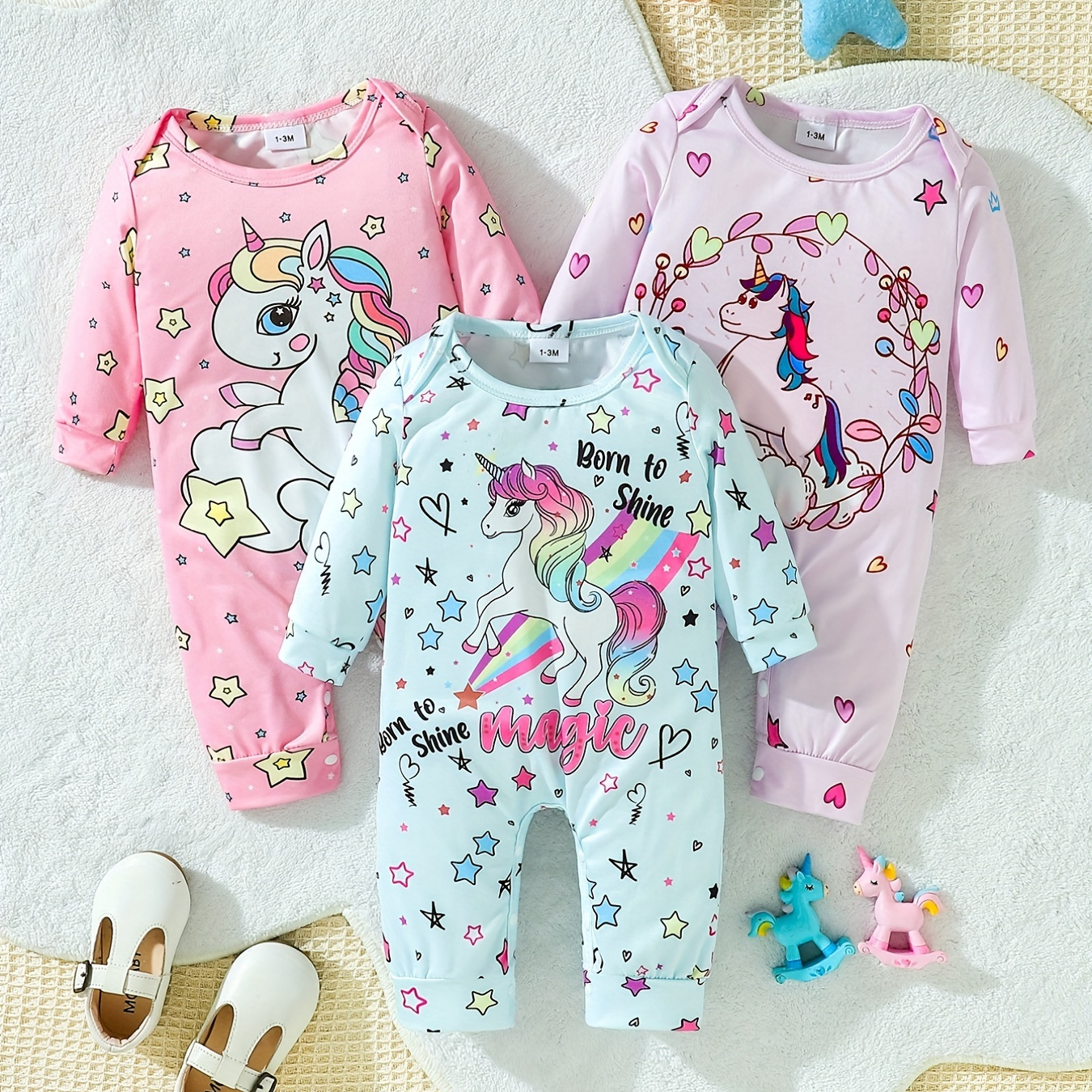 

Baby Girls Soft And Comfortable Cute Unicorn Allover Print Onesie Combo Clothes 3pcs/set Gifts