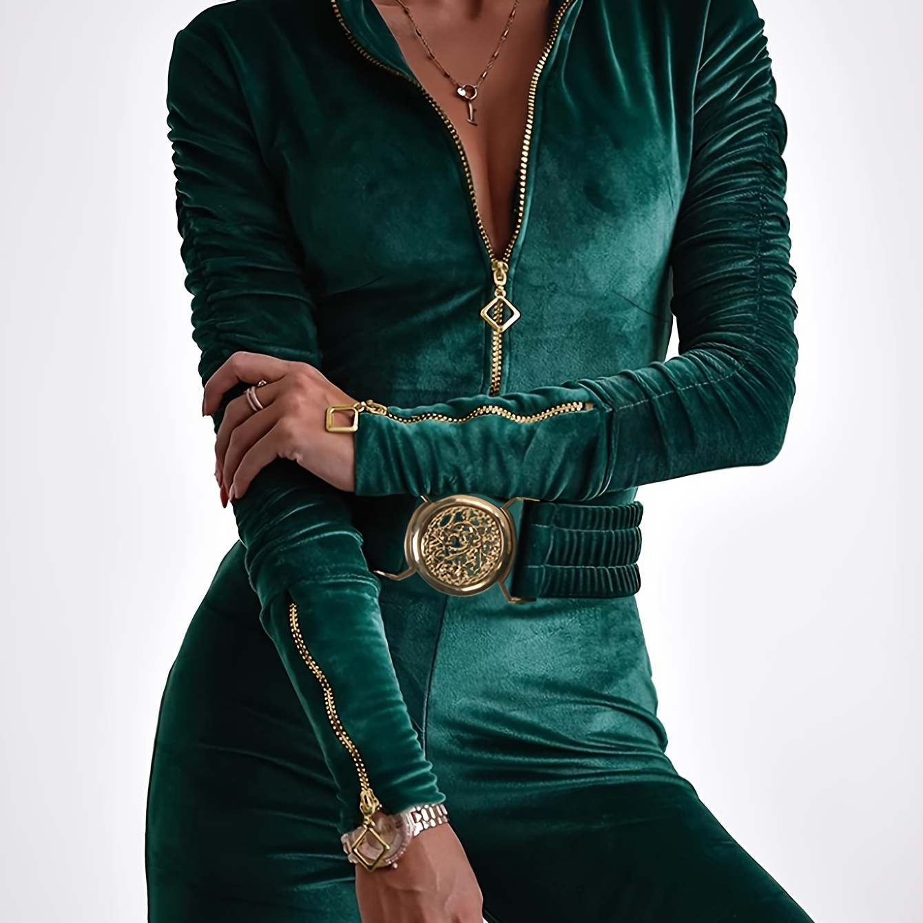 

Elegant Velvet Zip-up Jumpsuit With Stretch Belt - Long Sleeve, Mock Neck, Solid Color For Women - Fall/winter