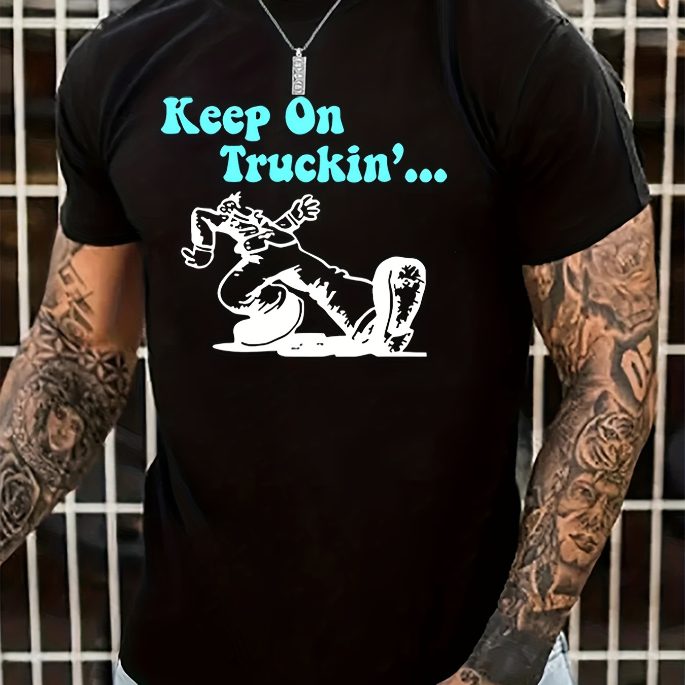 

Keep On Truckin' Print Men's Crew Neck Short Sleeve T-shirt Comfy Breathable Trendy Summer Tops