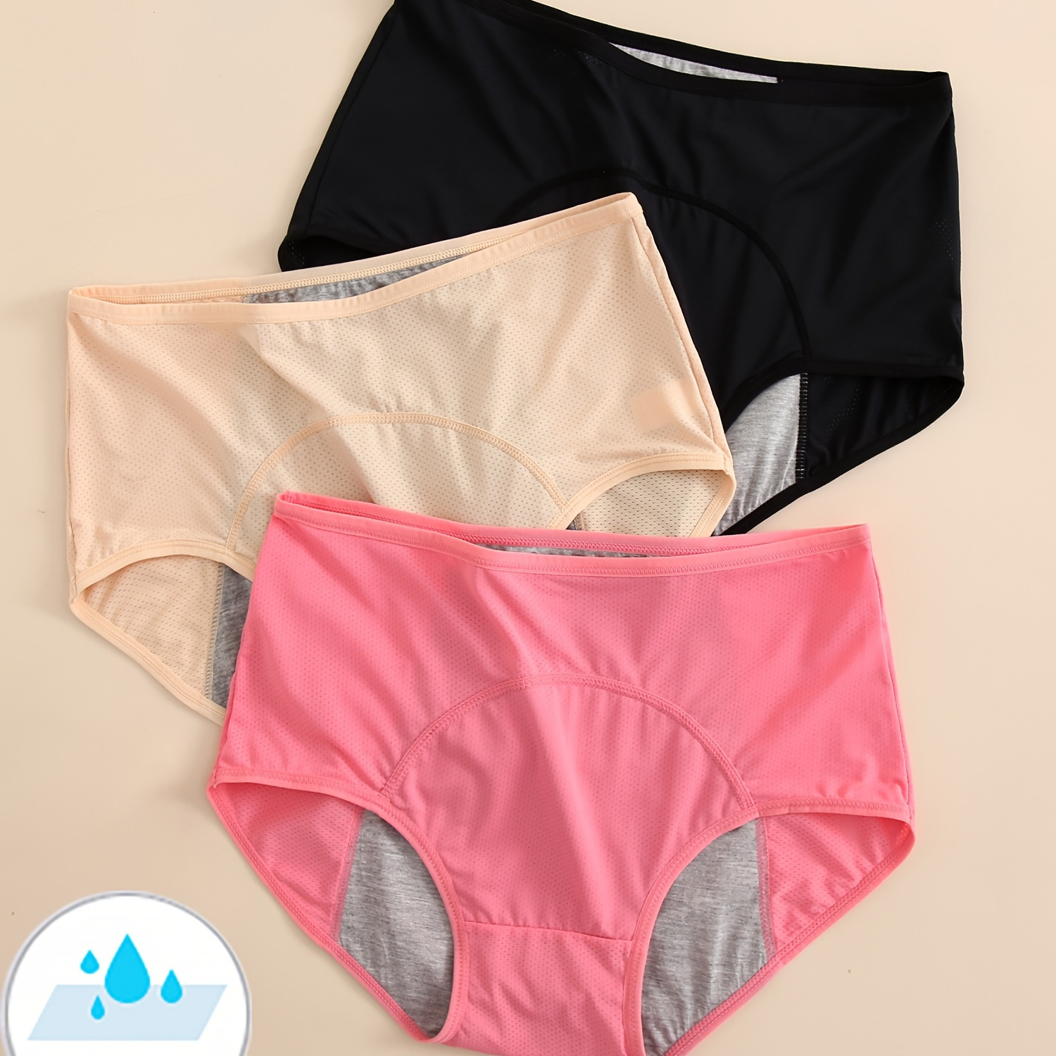 

3pcs Women's Plus Simple Panties, Plus Size Solid High Waist Leakproof Menstrual Period Briefs