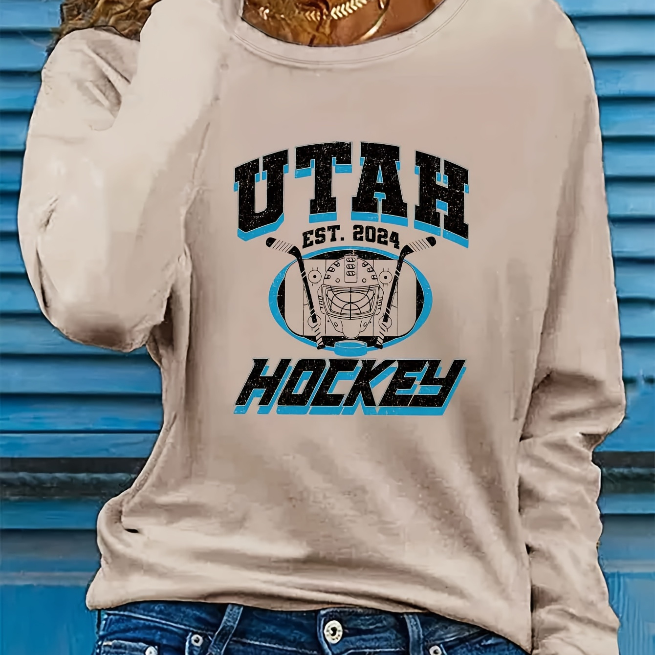 

1pc Women's Long Sleeve T- Hockey , , Slight Polyester , Top For Fall &