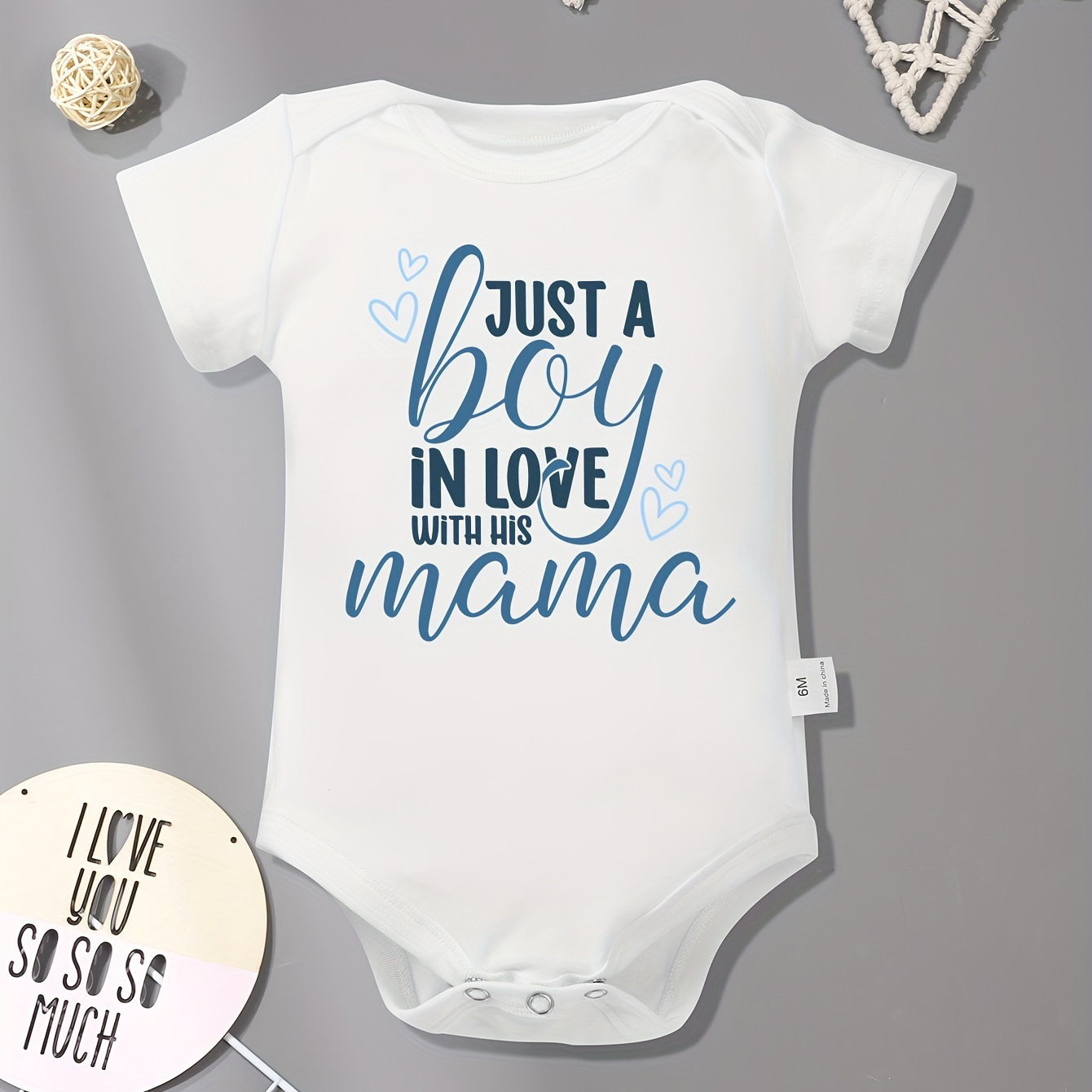 

Infant's "just A Boy In Love With His Mama" Print Bodysuit, Casual Short Sleeve Onesie, Baby Boy's Clothing