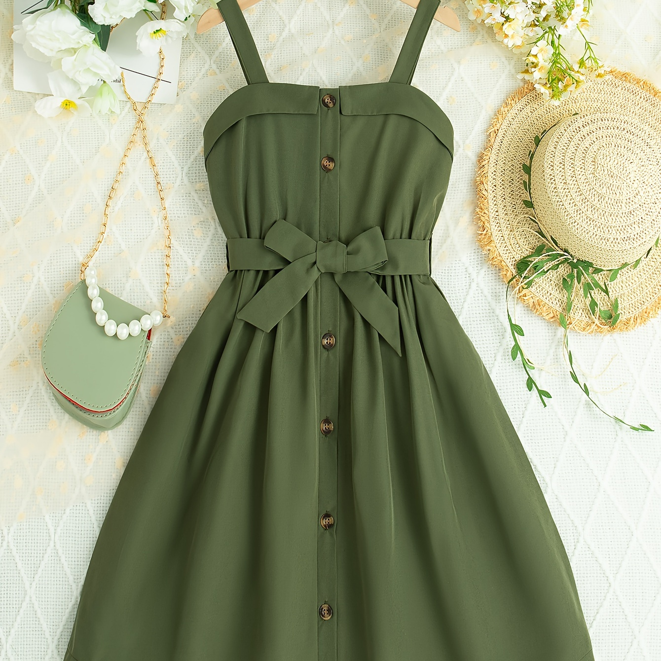 

Girls Summer Fashion Dress, Sleeveless Regular Fit With Belt, Casual Outing, Youthful Style, Solid Color, Thick Straps With Front Button Closure, Green